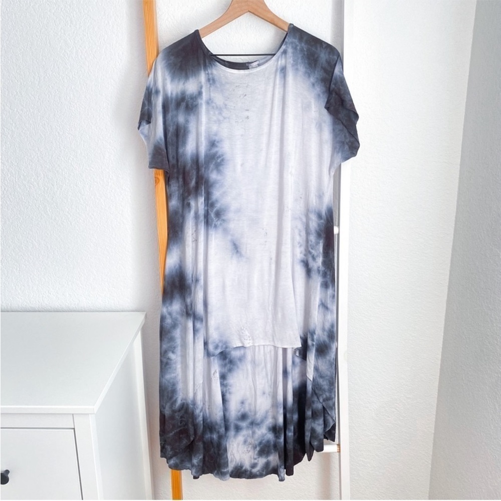 Love Tanjane Tie Dye Midi Dress Tunic Blue Short Sleeve Raw Edge Relaxed S